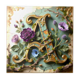 Ornate Gold Teal Letter A Monogram Tile