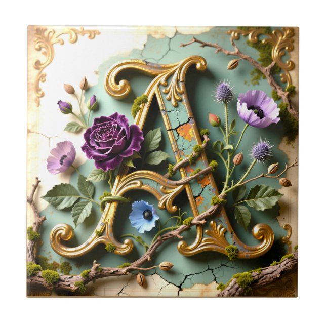 Ornate Gold Teal Letter A Monogram Tile (Front)