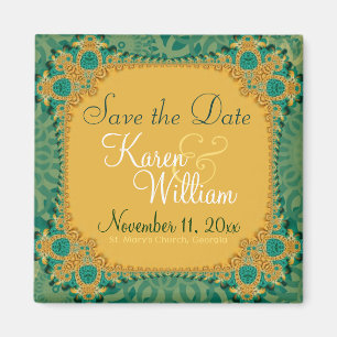 Ornate Gold Teal Save the Date Magnet