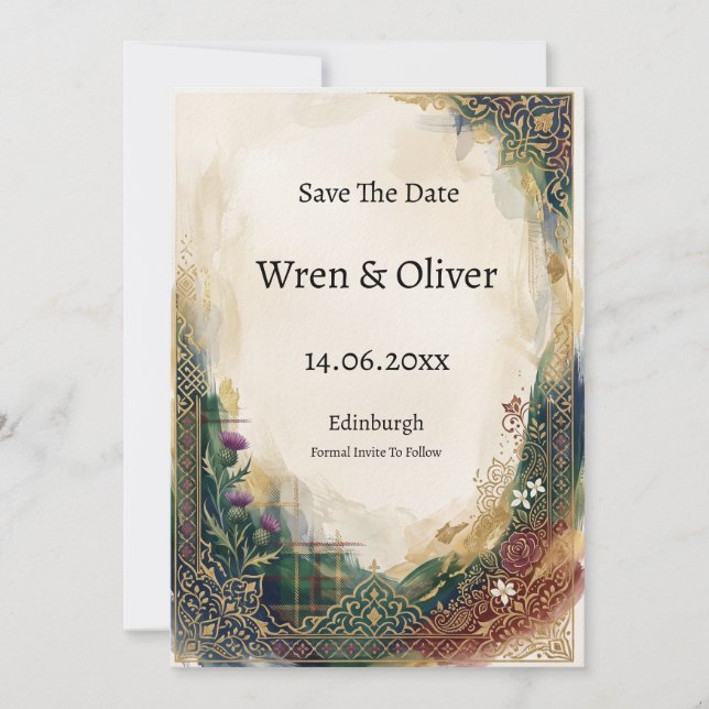 Ornate Gold Teal Scottish Thistle Save The Date (Front)