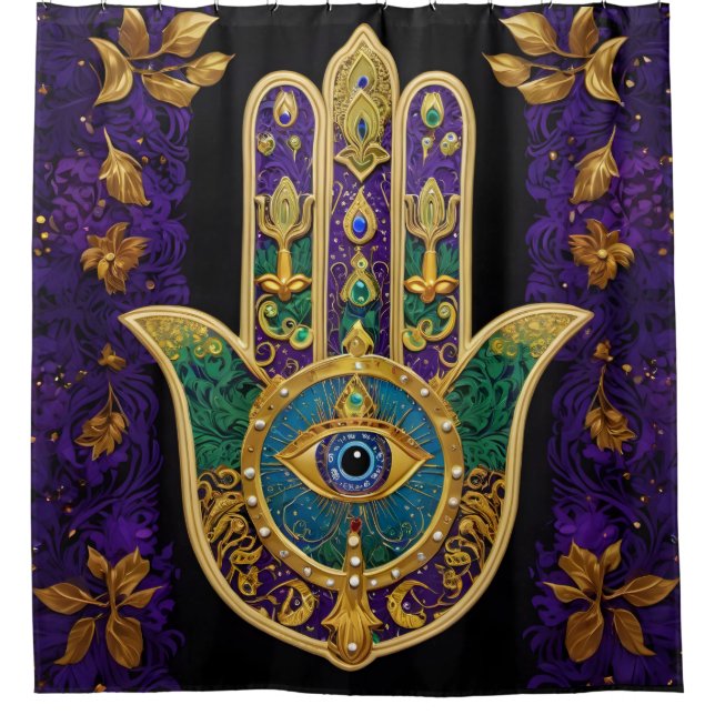  Ornate Gold Third Eye Hamsa Shower Curtain (Front)