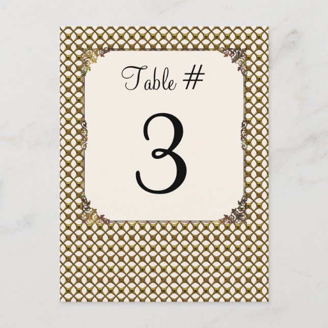 Ornate Gold Tone Lattice Wedding Table Number Card (Front)