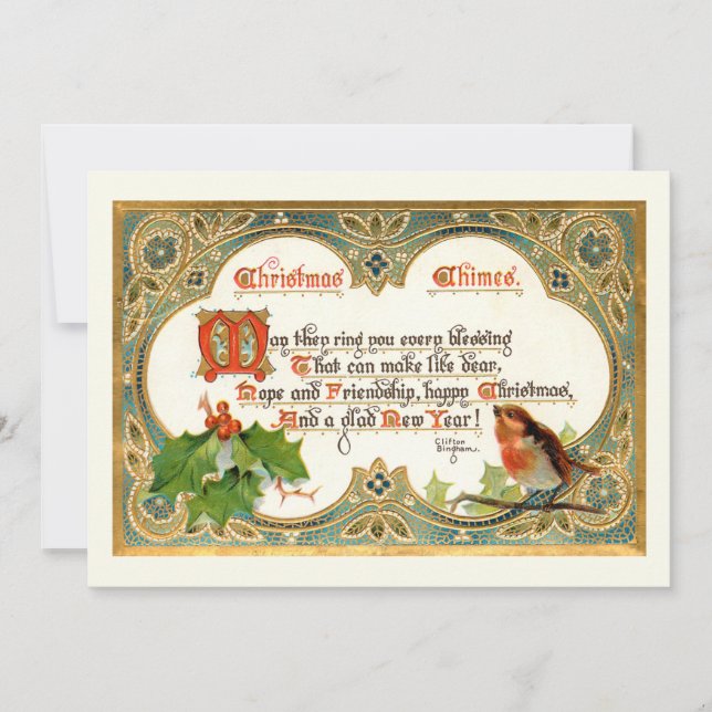 Ornate Gold Vintage Christmas Verse, Robin & Holly Holiday Card (Front)