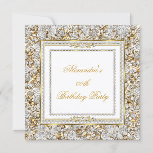Ornate Gold White Damask Diamond Birthday Party Invitation