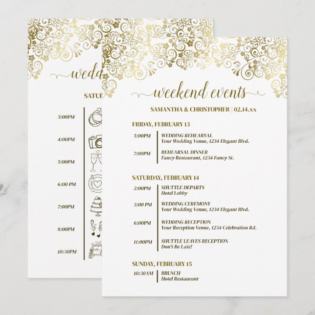 Ornate Gold & White Wedding Events & Timeline Programme (Front/Back)