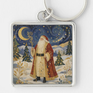 Ornate Golden Art Nouveau Santa Claus Winter Key Ring