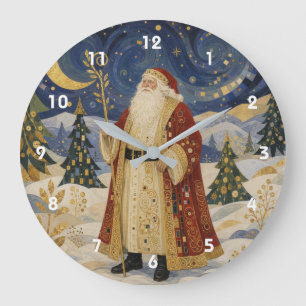 Ornate Golden Art Nouveau Santa Claus Winter Large Clock