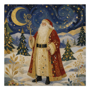 Ornate Golden Art Nouveau Santa Claus Winter Poster
