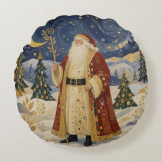 Ornate Golden Art Nouveau Santa Claus Winter Round Cushion