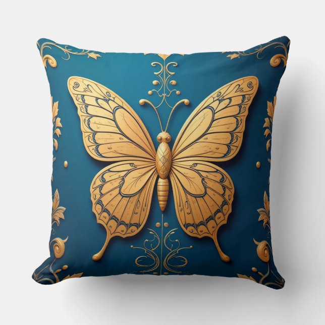 Ornate Golden Butterfly With Floral Pattern Cushion (Front)