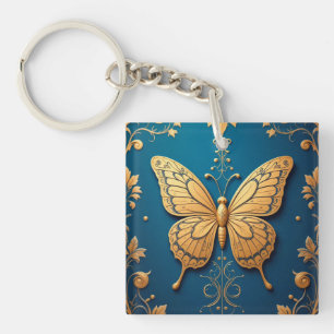 Ornate Golden Butterfly With Floral Pattern Key Ring