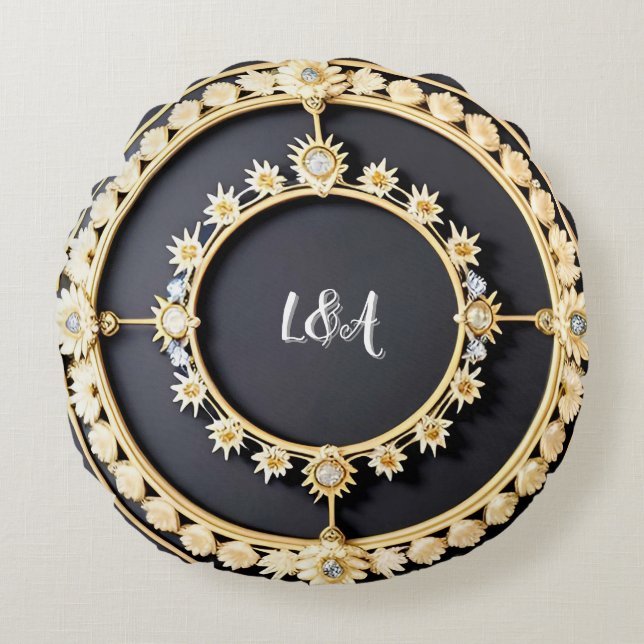 Ornate Golden Circular Decorative Frame Round Cushion (Front)