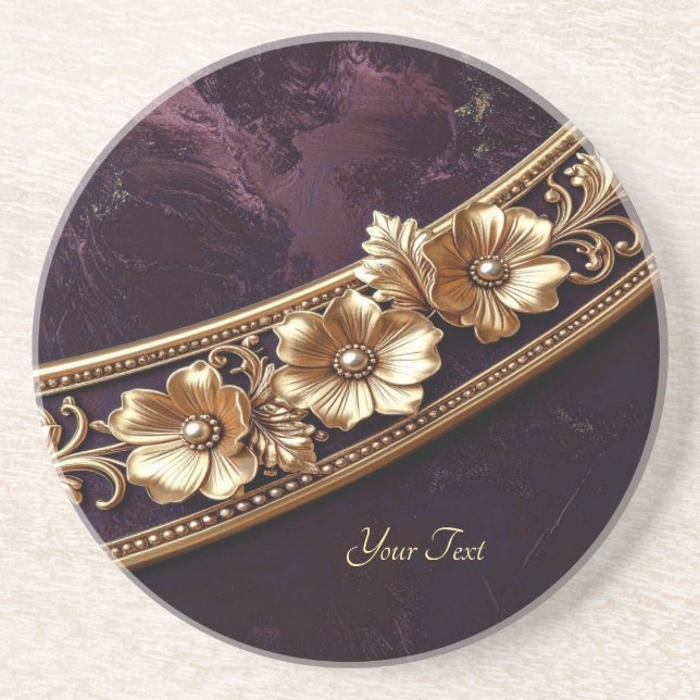 Ornate Golden Floral Sandstone Coaster (Front)