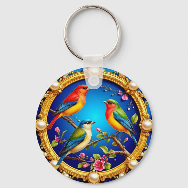 🕊️ Ornate Golden Frame With Colourful Birds Key Ring (Front)
