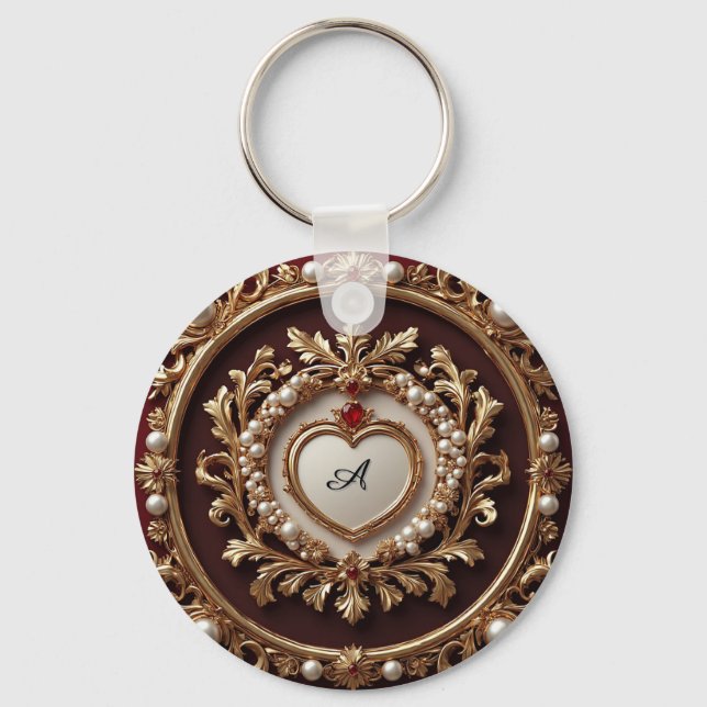 Ornate Golden Frame With Pearl Beads Key Ring (Front)