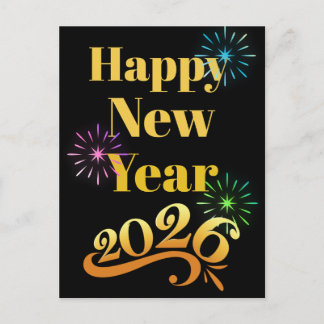 Ornate Golden Happy Near Year 2026 Fireworks Black Postcard