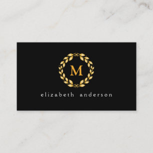 Ornate Golden Leaved Roman Wreath Monogram - Black Business Card