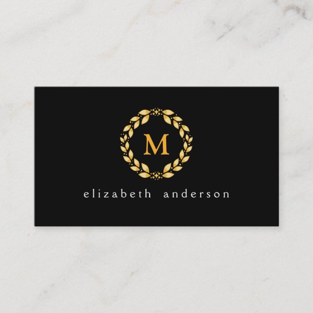 Ornate Golden Leaved Roman Wreath Monogram - Black Business Card (Front)