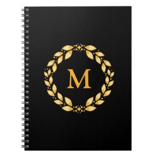 Ornate Golden Leaved Roman Wreath Monogram - Black Notebook