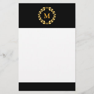Ornate Golden Leaved Roman Wreath Monogram - Black Stationery