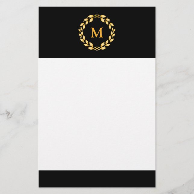 Ornate Golden Leaved Roman Wreath Monogram - Black Stationery (Front)