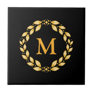 Ornate Golden Leaved Roman Wreath Monogram - Black Tile