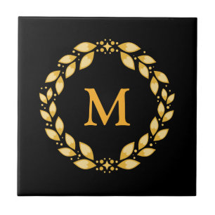 Ornate Golden Leaved Roman Wreath Monogram - Black Tile