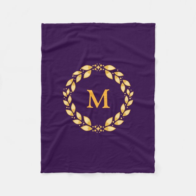 Ornate Golden Leaved Roman Wreath Monogram -Purple Fleece Blanket (Front)
