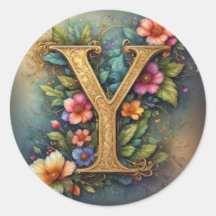 Ornate Golden Letter Y Surrounded by Vibrant Flowe Classic Round Sticker