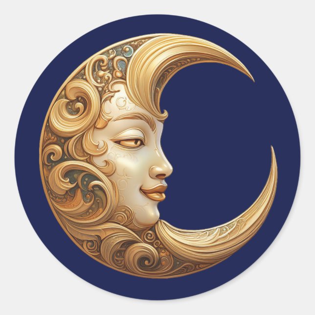 Ornate Golden Moon with Face, Celestial  Classic Round Sticker (Front)