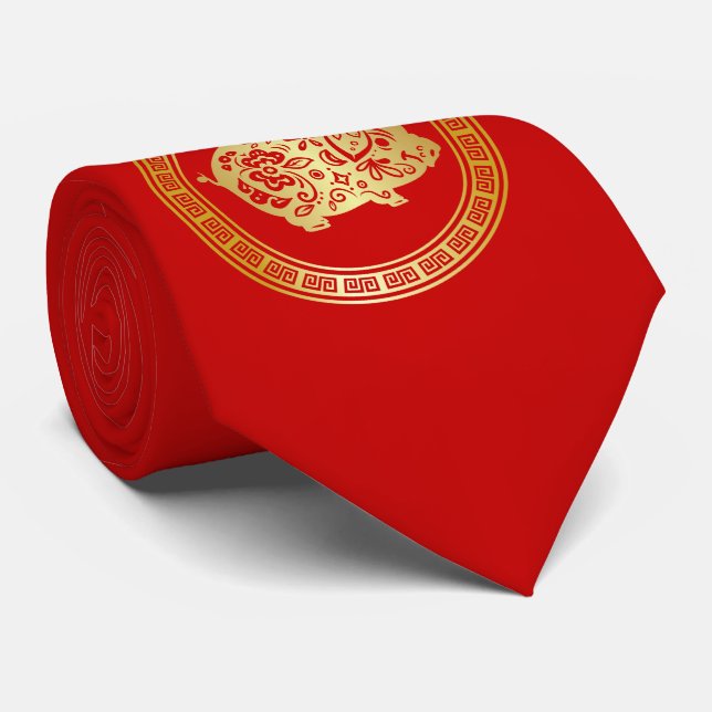 Ornate Golden Red Papercut Year of the Pig Tie (Rolled)