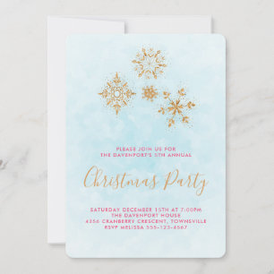 Ornate Golden Snowflakes on Blue, Festive Invite