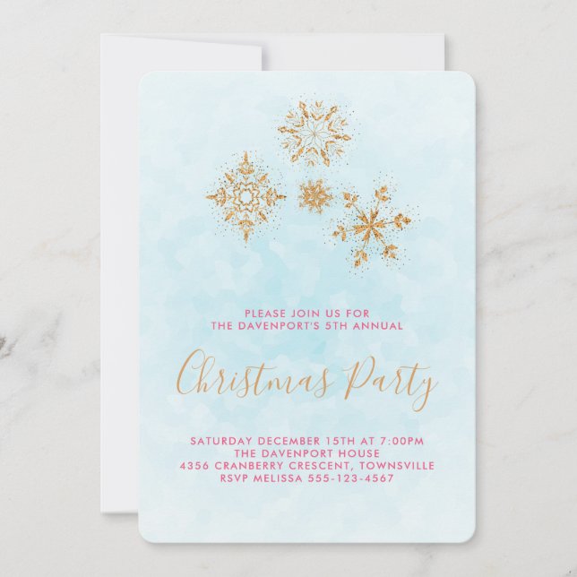 Ornate Golden Snowflakes on Blue, Festive Invite (Front)