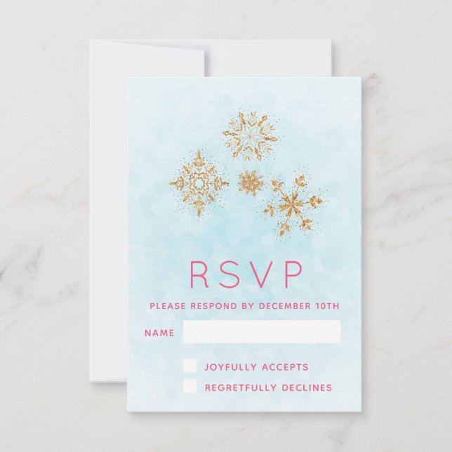 Ornate Golden Snowflakes on Blue Festive RSVP (Front)