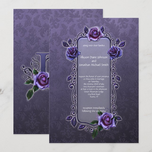 Ornate Goth Dark Purple Roses Wedding | Invitation (Front/Back)
