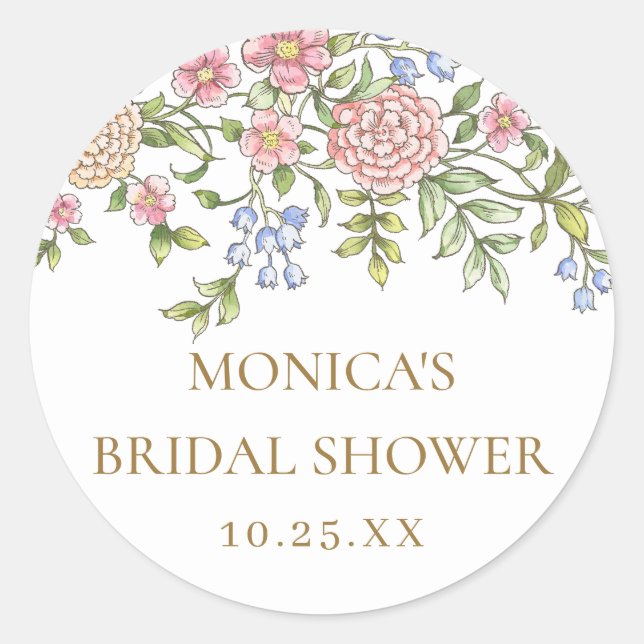 Ornate Grace Pastel Blush Floral Bridal Shower Classic Round Sticker (Front)