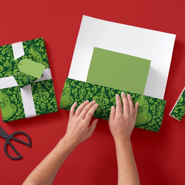 Ornate Green Grinch Pattern Wrapping Paper Sheet (Creator Uploaded)
