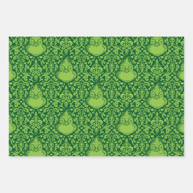 Ornate Green Grinch Pattern Wrapping Paper Sheet (Front)