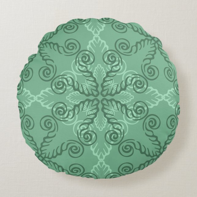 Ornate Green Leafy Scrollwork Round Pillow (Front)