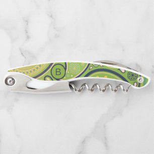 Ornate Green Paisley Pattern Monogram Corkscrew