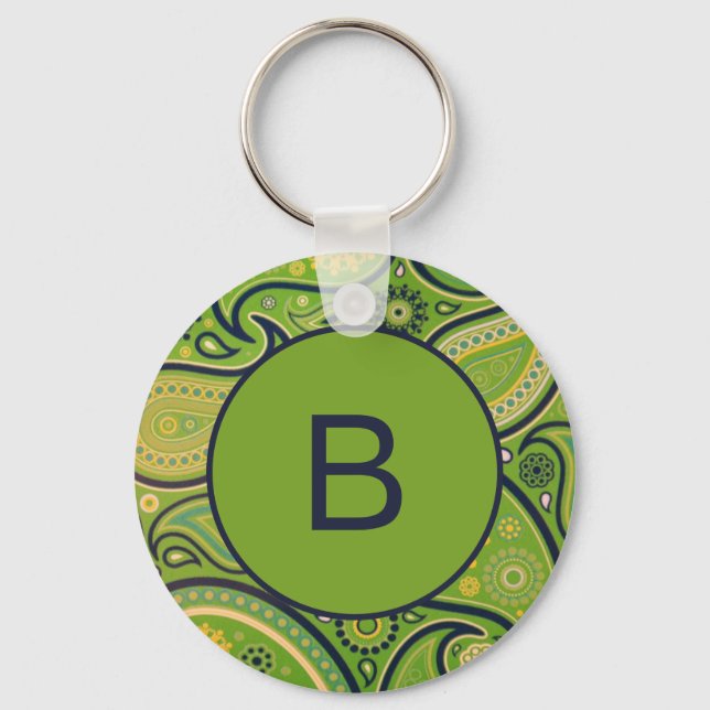 Ornate Green Paisley Pattern Monogram Key Ring (Front)