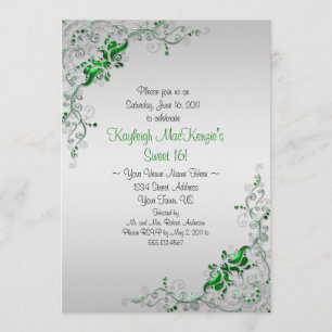 Ornate Green Silver Swirls on Silver Sweet 16 Invitation