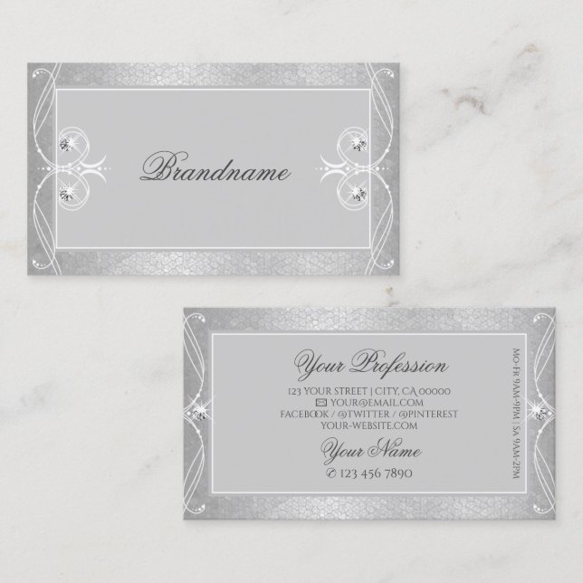 Ornate Grey Silver Mosaic Sparkle Jewels Ornaments Business Card (Front/Back)