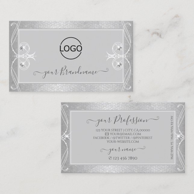 Ornate Grey Silver Mosaic Sparkle Jewels with Logo Business Card (Front/Back)