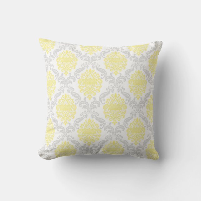 Ornate Grey Yellow Damask Cushion (Front)