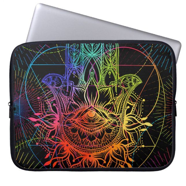 Ornate hamsa: hand-drawn neon pattern. laptop sleeve (Front)