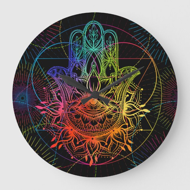 Ornate hamsa: hand-drawn neon pattern. large clock (Front)