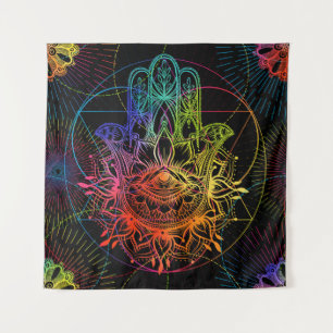 Ornate hamsa: hand-drawn neon pattern. tapestry