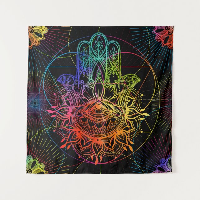Ornate hamsa: hand-drawn neon pattern. tapestry (Front)