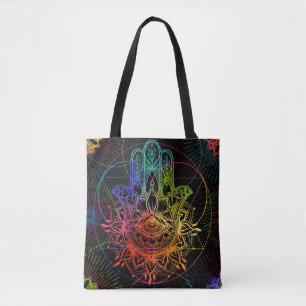 Ornate hamsa: hand-drawn neon pattern. tote bag